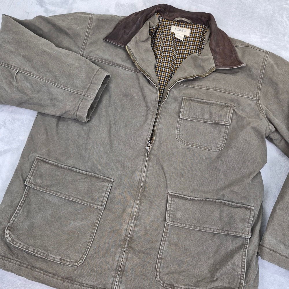 J Crew Mens Barn Jacket XL Olive Drab Canvas Leather Collar Plaid Field Coat